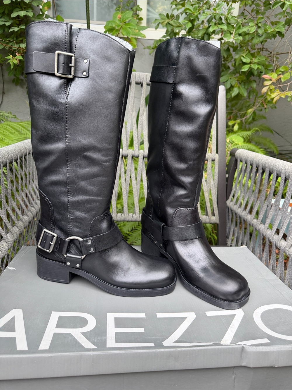 Arezzo Black Leather Knee-High Buckle Riding Boots